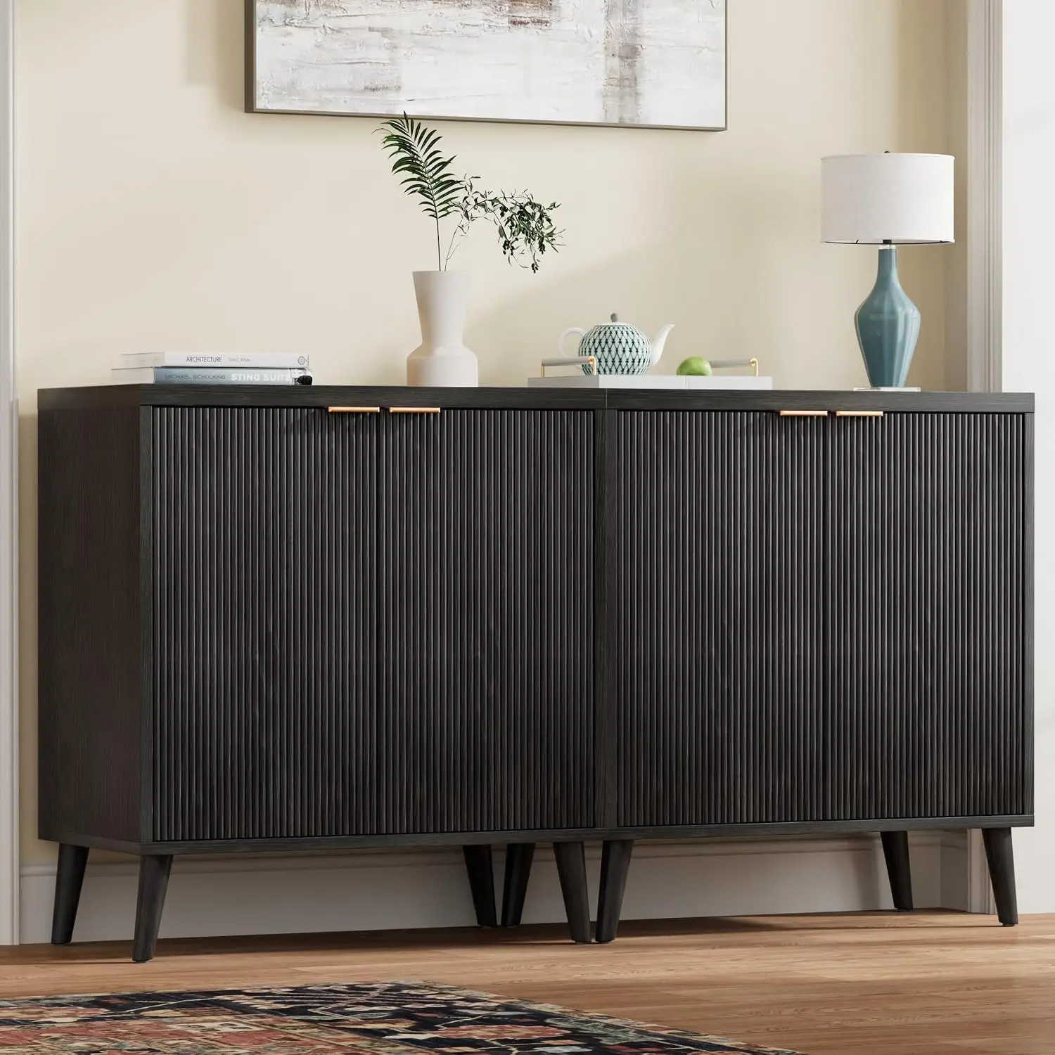 Fluted Buffet Cabinet With Storage Modern Sideboard Frame Double Doors Adjustable Shelf Accent Buffet Table Storage Unit For Kitchen Dining Room Living Room Black view 3