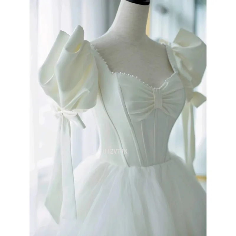 Gaun Pengantin Putri Manis Elegan Putih Gaun Pengantin Panjang Pergelangan Kaki Lengan Puff Pita Wanita Gaun Pesta Malam Formal Wanita