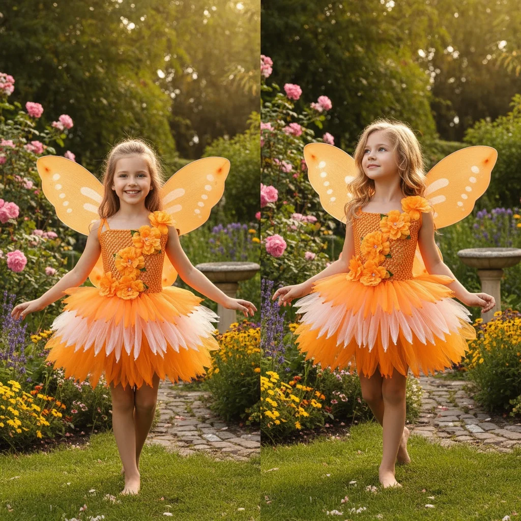 Girls Orange Flower Petals Tutu Dress Kids Black Crochet Ballet Tulle Dress with Headband Children Halloween Party Costume Dress