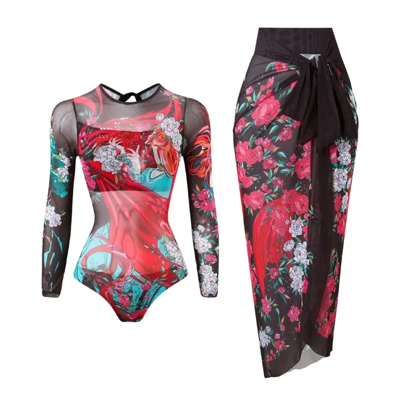 Vintage Print 2 Piece Swimsuit Women's Long Sleeve O Neck One Piece Swimsuit Bandage Cover Up Maxi Skirt Bathing Suit Beachwear