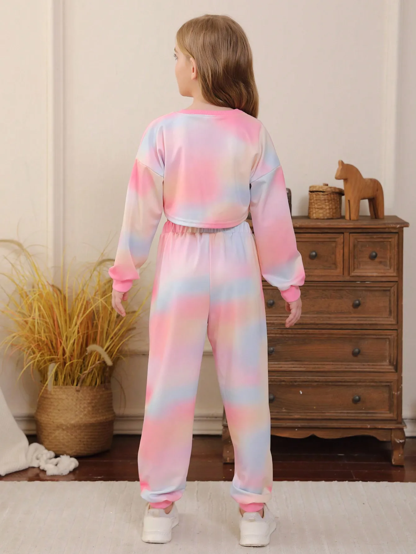 Spring and Autumn New Girl Tie Dyeing Two Piece Set Long Sleeve with Hollow and Printed Children's Fashion Casual Sportswear