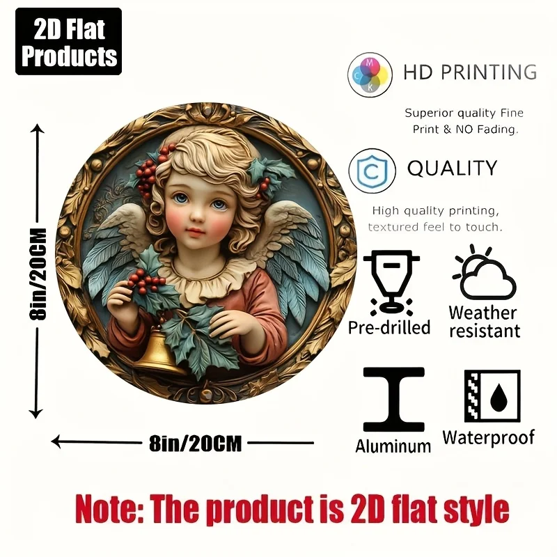 2D Flat - Vintage Angel-Themed Round Aluminum Wall Plaque - 8x8 Inch, Classic Home Decor with Holly and Bow, Ideal for Kitchen,