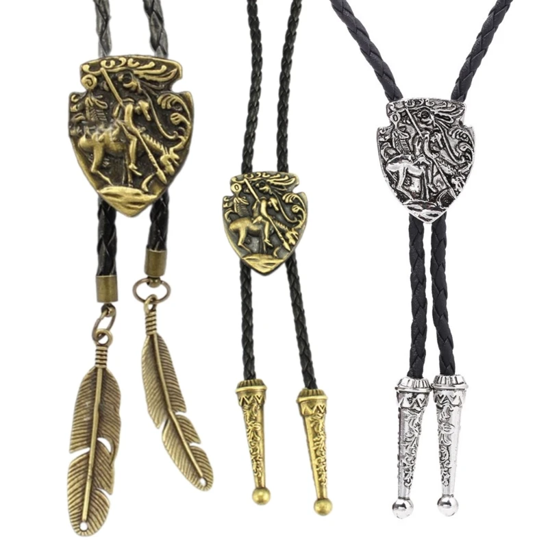 

Mens Western Cowboy Bolo Tie Handmade Braided Leather Rope Metal Knight Badges Bolo Tie Necklace with Feathered Pendant