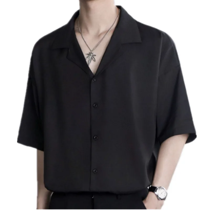 

Men's shirt Solid color short sleeved Cuban collar shirt Trendy high-end thin loose casual drape ice silk shirt Summer men's