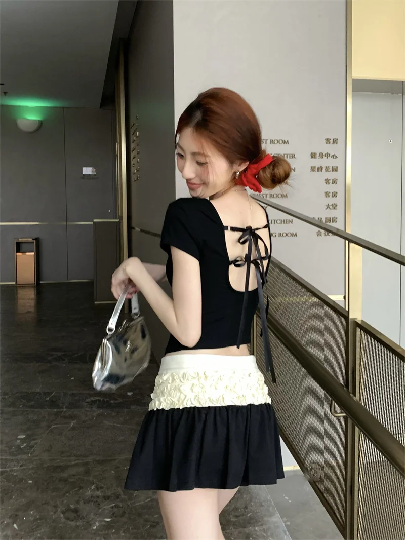 

Sweet Hot Girl Suit Women's Summer Lace-up Bow Backless Short-sleeved Top A-line Skirt Two-piece Set Fashion Female Clothes