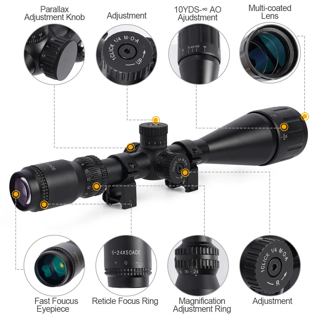 Tactical 6-24x50 AOEG Optical Sight Long Range Rifle Scope with Red Green Dot Laser Combo Riflescope Hunting Airsoft Scopes