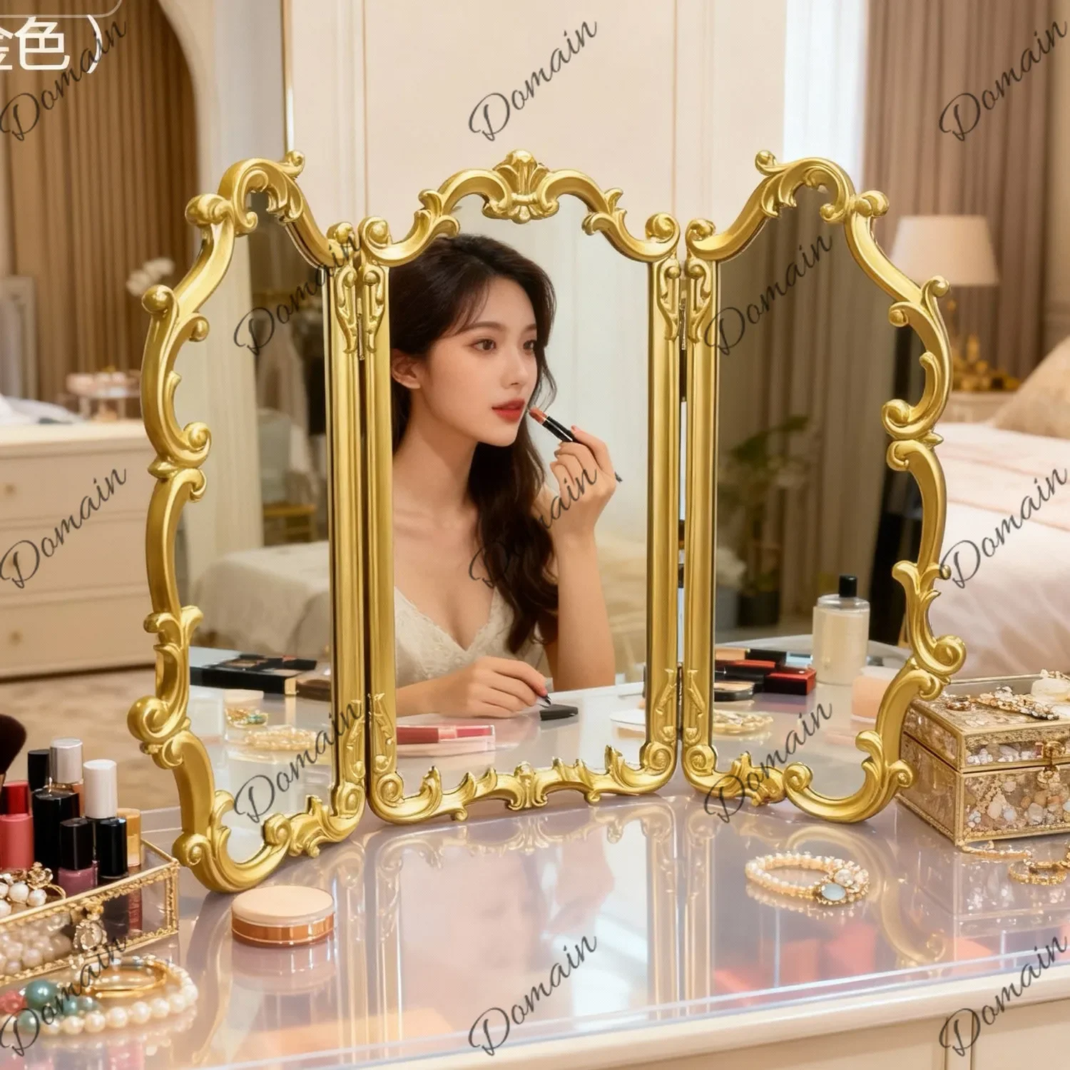 XX French Tri-fold Vanity Mirror Desktop Retro Bedroom European Carved Mirror Bathroom Wall Mirror