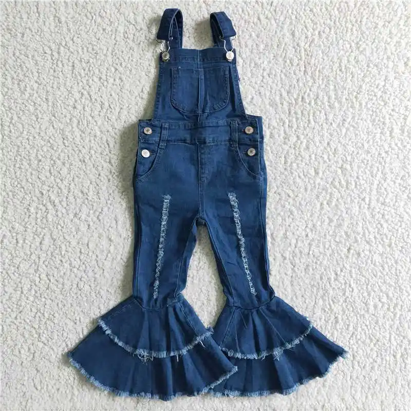 

D2-30 Wholesale Little girls denim suspenders red and white checked bell bottoms bow casual jeans pants Summer girls clothes