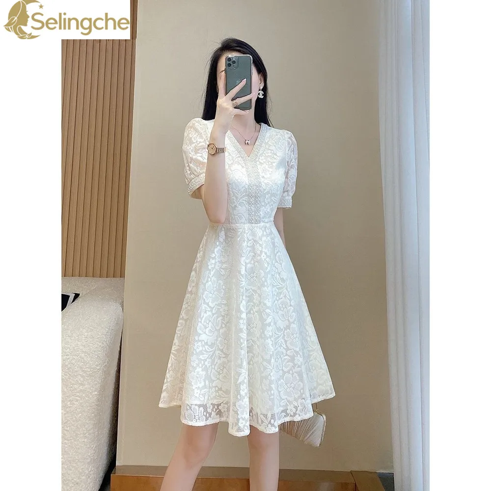 

Summer New High-end White Short Sleeved V-neck with Waistband and Slimming Effect Elegant and Elegant Lace A-line Dress