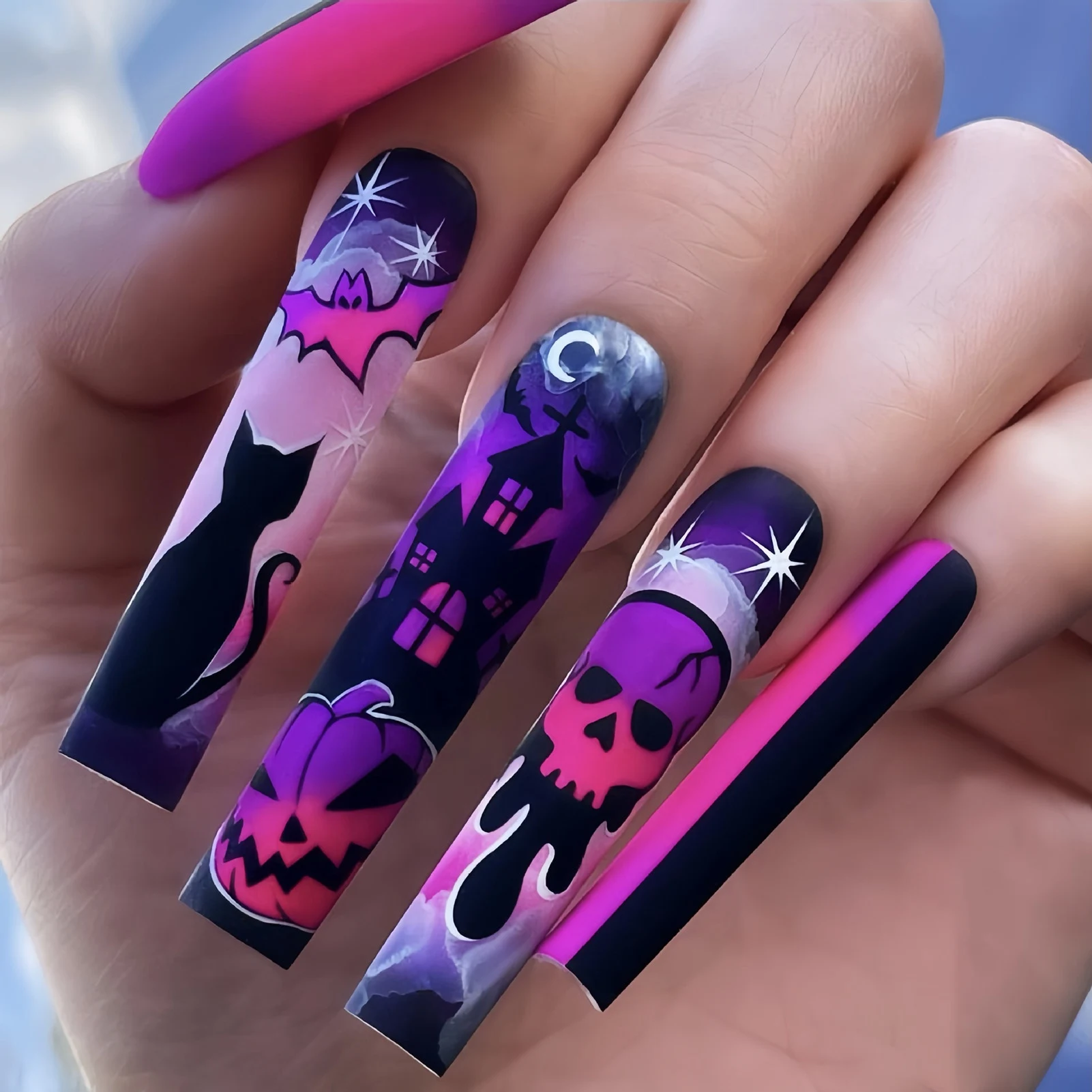 24pcs Long Coffin Halloween Press On Nails European Gothic Punk Black Bat Pattern False Nails Reusable Detachable Fake Nails