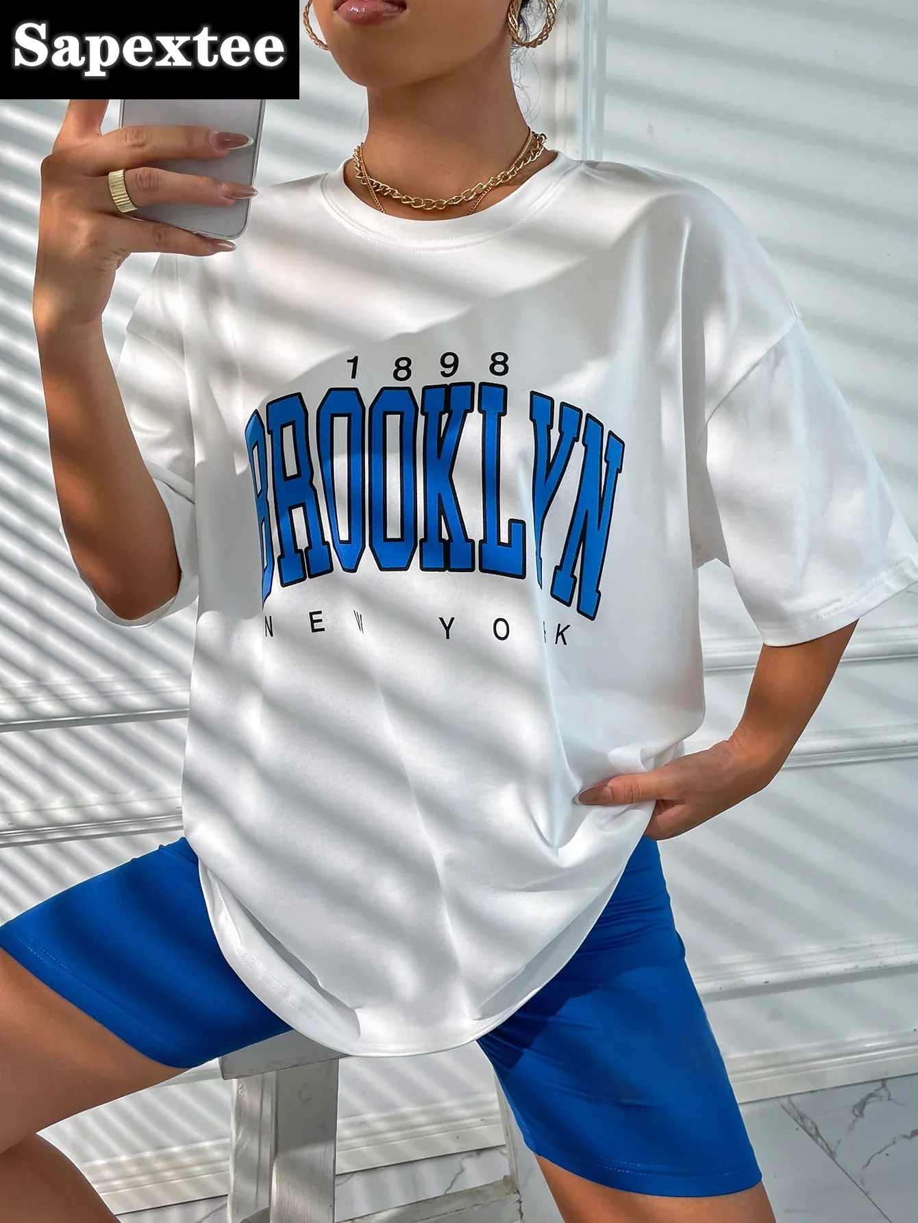 New T-Shirt Women 1898 Brooklyn York Letter Drop Shoulder Print Vintage Oversized T Shirt Simple Clothes Female Tshirt Y2K Top