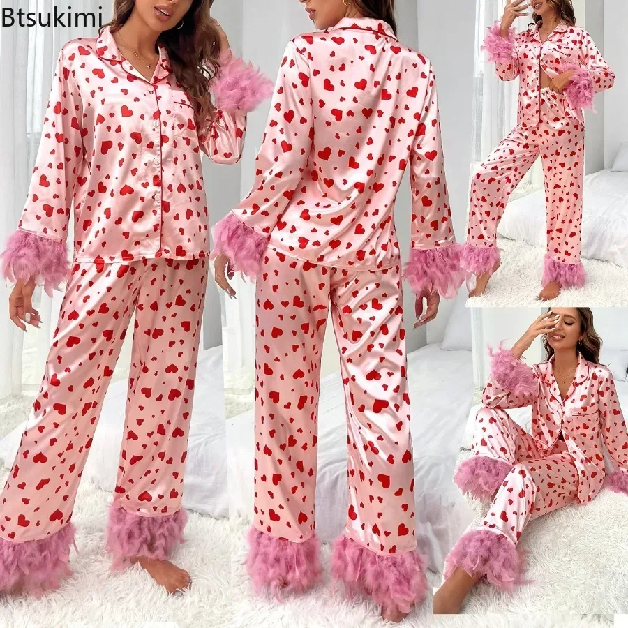 

2025 Women's Valentines Day Pajamas Print Feather Cuff Long Sleeve Lapel Button Down Tops with Long Pants Satin Loungewear Set