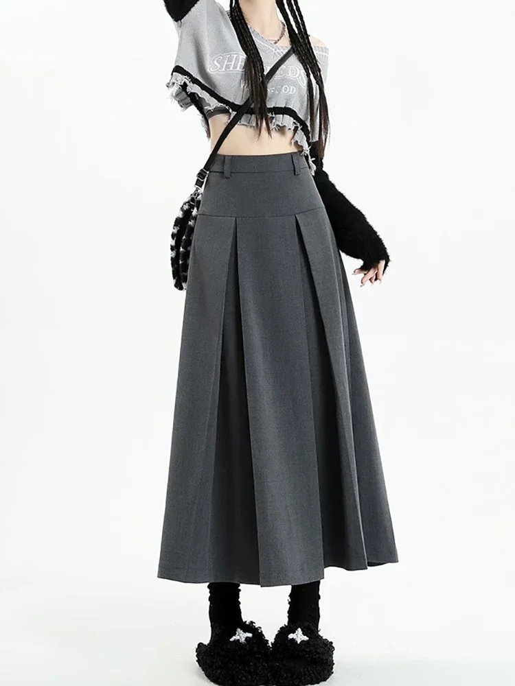 

DEEPTOWN Vintage Grey Pleated Long Skirt Women Spring Summer College Style High Waist A-line Midi Skirt Korean Style Clothes