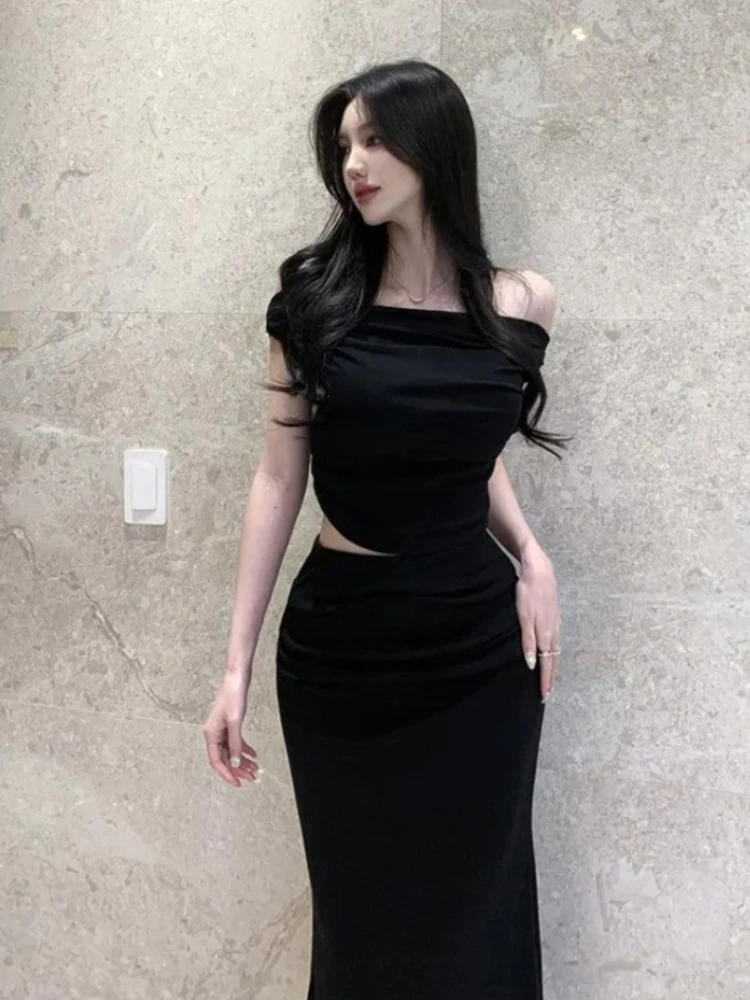 2026 New Arrival Korea Dongdaemun Two Piece Set Slim Fit Draped Neck Sleeveless Women Tank Top+Butt Wrapped Fishtail Skirt