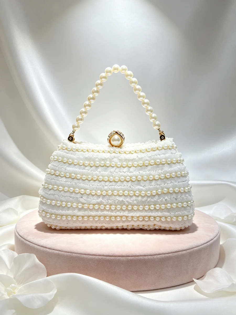 White Multi-Layer Pearl Lace Pearl Chain Top Handle Clutch Women Romantic Evening Handbag For Wedding Date Cocktail Formal Party