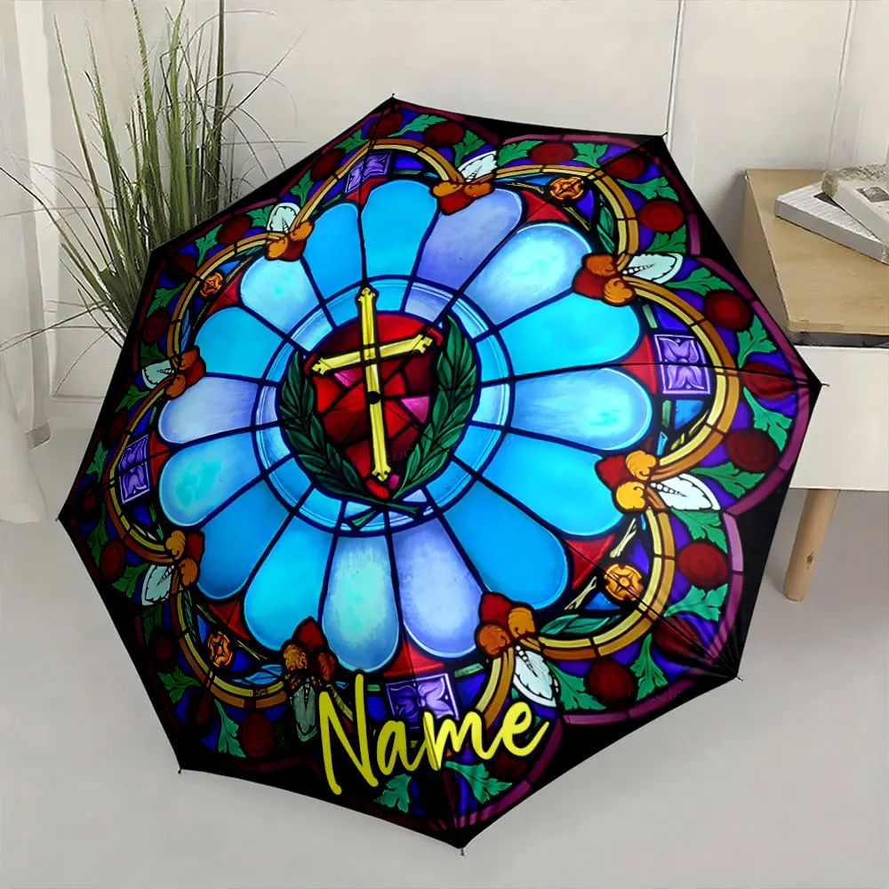 Custom Name Stained Glass Pattern Umbrella with Religious Symbol Print 8 Iron Ribs Folding Umbrella, Auto-Open Fashion Sunshade