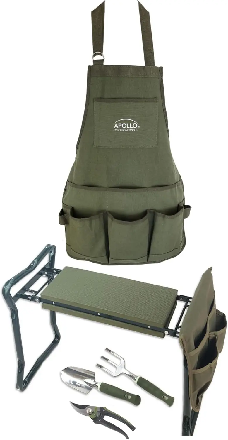 llo Tools 6 Piece Garden Set With Foldable Seat Adjustable To Kneeler Position, Washable Green Apron With Deep Pockets, And