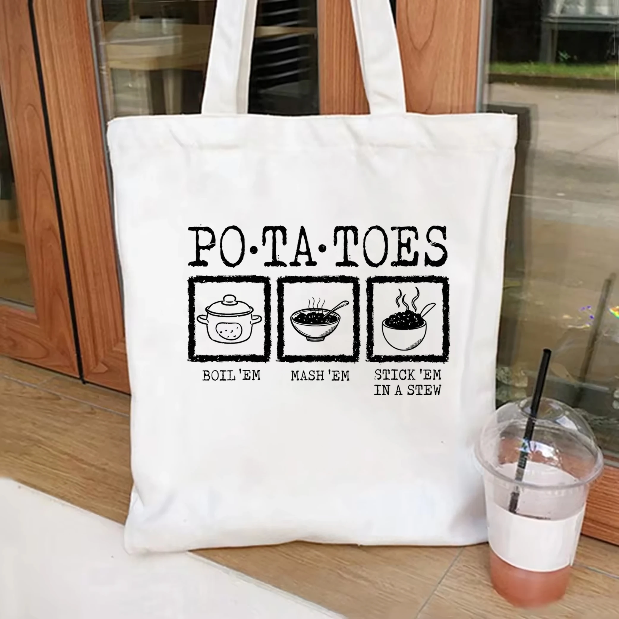 Ziemniaki Boil Em Mash Em Stick Em in a Stew tote bag Lord Of The Rings Canvas Bag Lotr Taters tote Hobbit merch Gift For Vegans