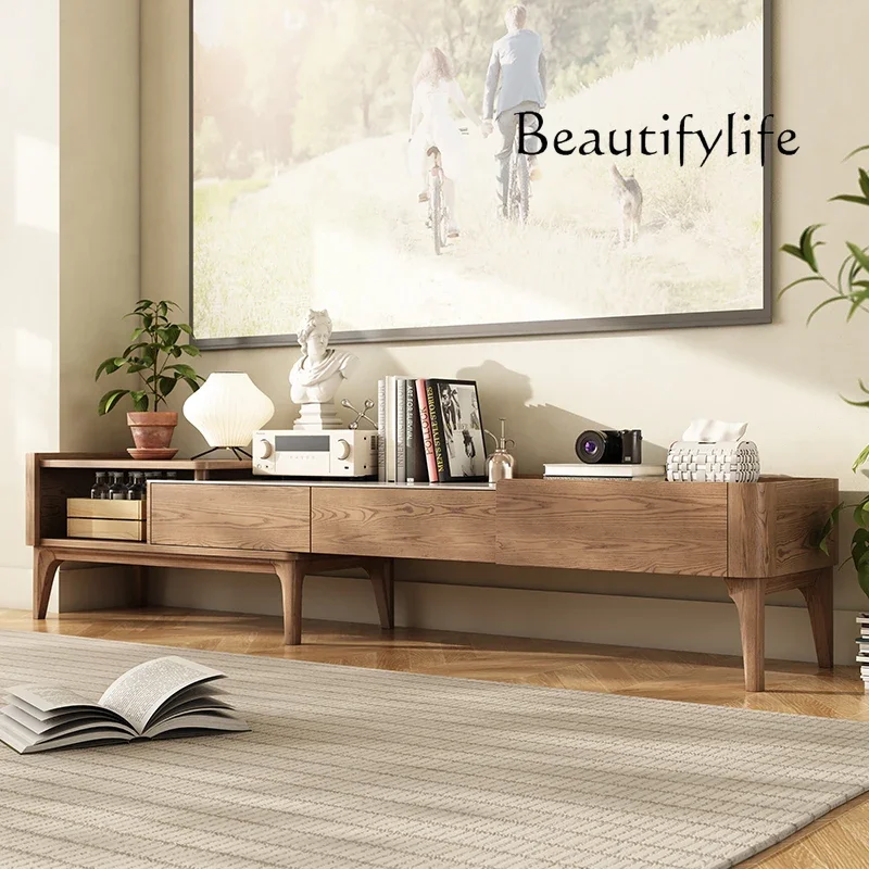 

Solid wood rock panel TV cabinet coffee table telescopic combination living room small apartment ash wood floor cabinet