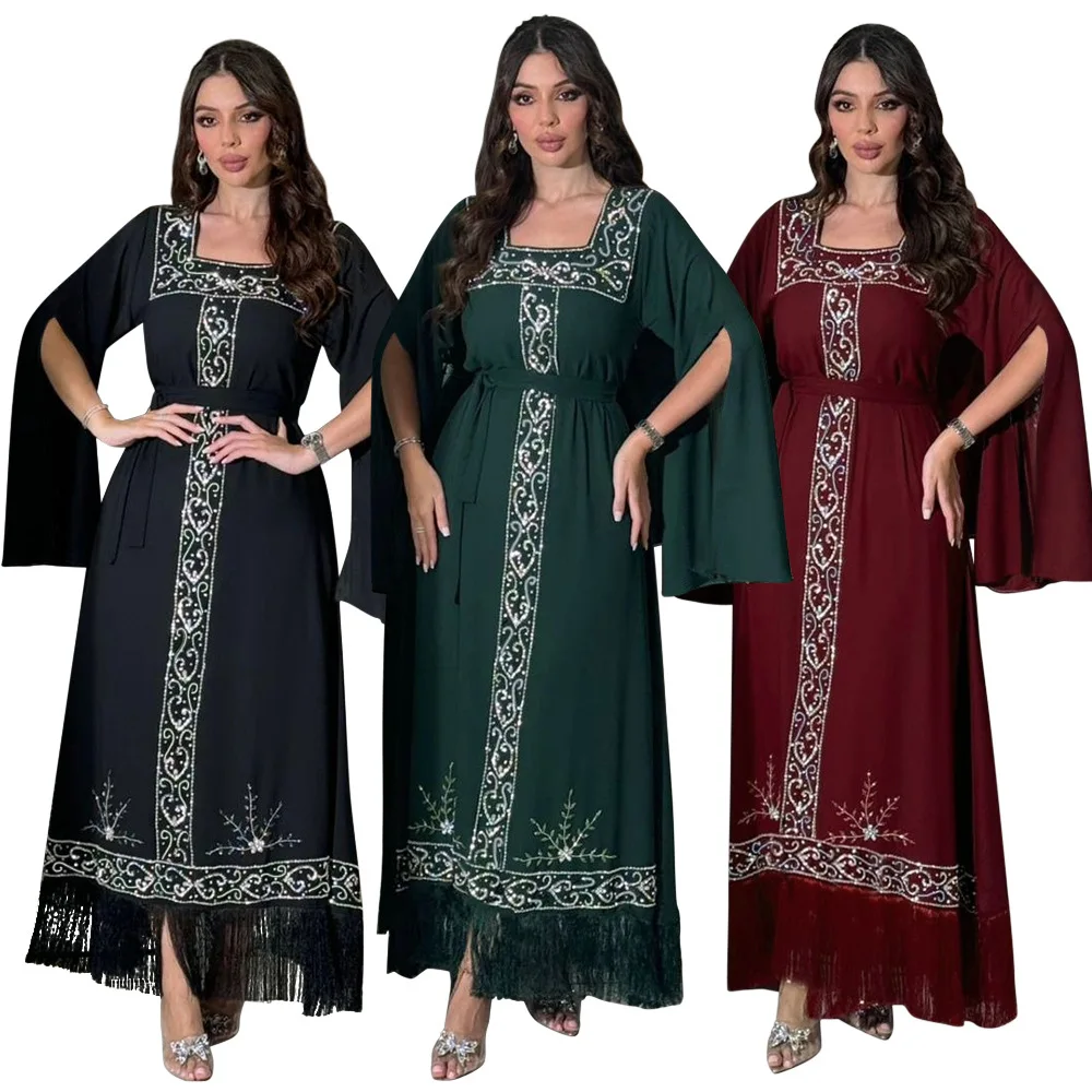 

Women's Clothing Muslim Fashion Abaya Fashionable Sequin Tassel Light Luxury Dress Gown Elegant Jalabiya Robe