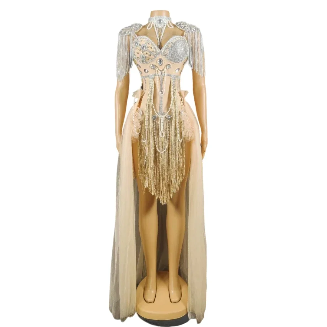 Rhinestones หรูหรา Pearl Fringe ผู้หญิงบอดี้สูท Tailing Evening PROM PARTY วันเกิดฉลองชุดไนท์คลับเวทีสวมใส่