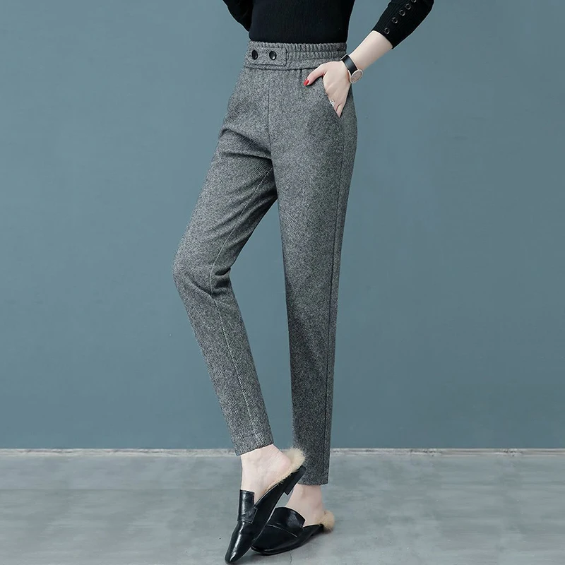 Korean Fashion Autumn Winter Woolen Pants Women Clothing Elastic Waist Solid Pockets Button Casual All-match Slim Haren Trousers