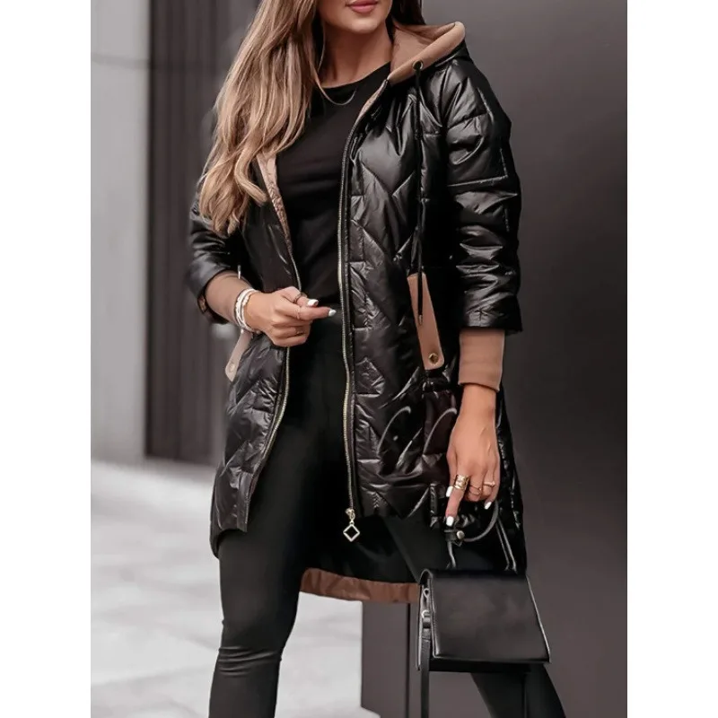 

2025 Autumn and Winter New Fashion Hooded Loose Long-sleeved Solid Color Zipper Cotton Cotton Jacket Jacket
