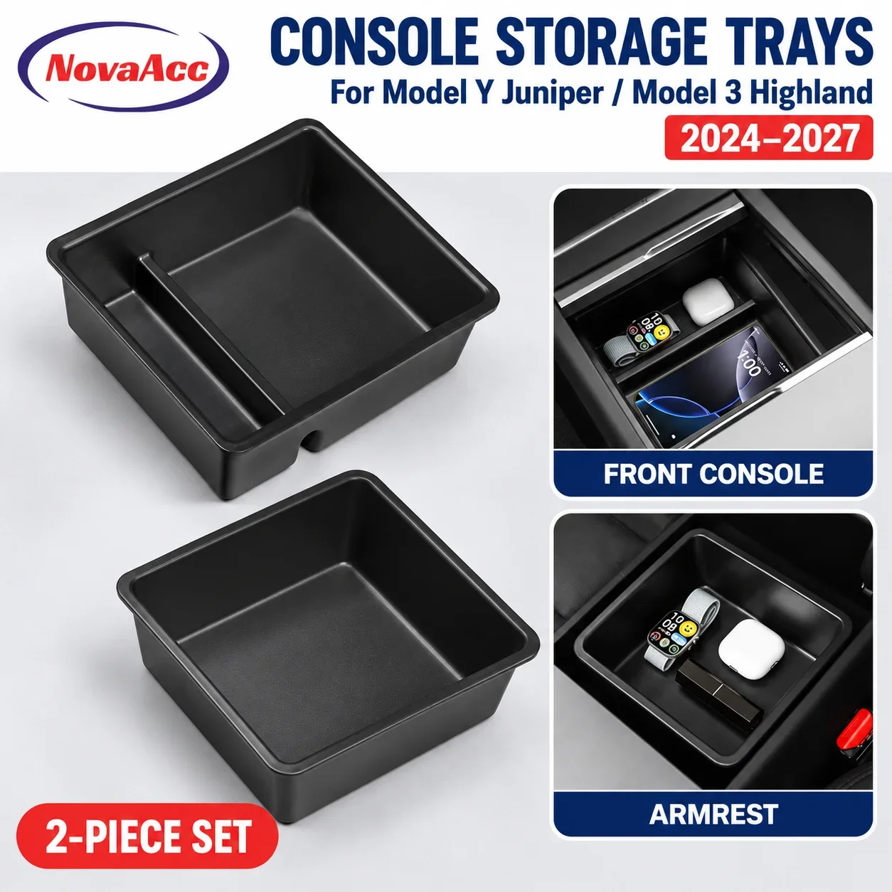 NovaAcc Center Console Front Rear Storage Box For Tesla Model Y 3 Juniper Highland 2024-2027 Car Armrest Case Storage Tray