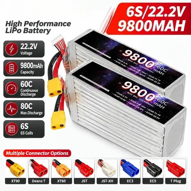 9800mAh 22.2V 6S 60C High Rate Lithium Battery for Drone Model Aircraft RC Toy Helicopter Quadcopter