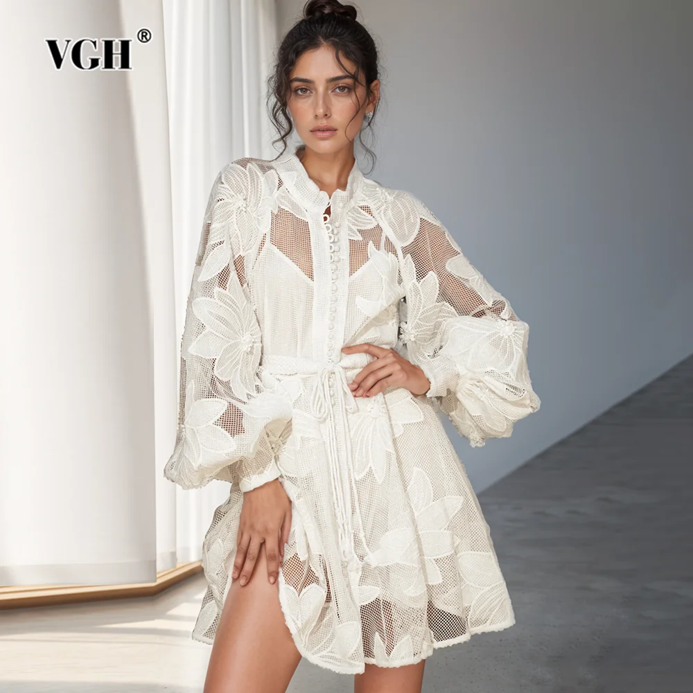 VGH Embroidery Lace Mini Dress  For Women Stand Collar Lantern Sleeve Gathered Waist Patchwork Belted Dresses Female New