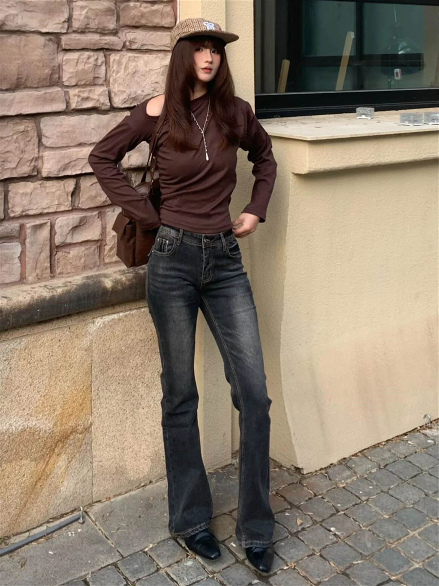 

American Street Style Low Waist Flared Jeans Women's Extended Length Tall Slimming Cotton Casual Jeans Spring Fashion