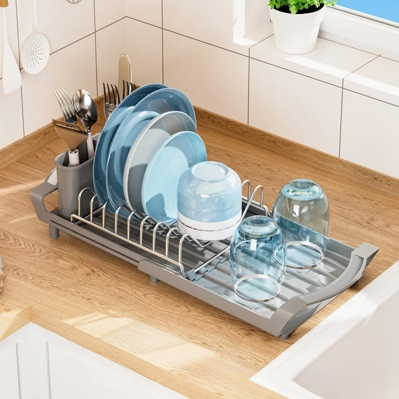 2in1 Expandable Dish Drying Rack Dish Organizer Fork Holder Kitchen Countertop Storage Organizer Space Saving Dish Storage Shelf