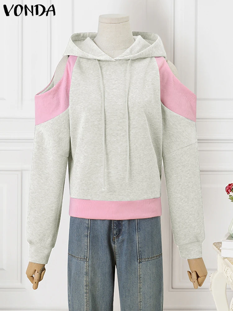 

VONDA Women Patchwork Hooded Sweatshirts 2024 Casual Long Sleeve Pullovers Korean Sweety Off-The-Shoulder Jumpers Oversized