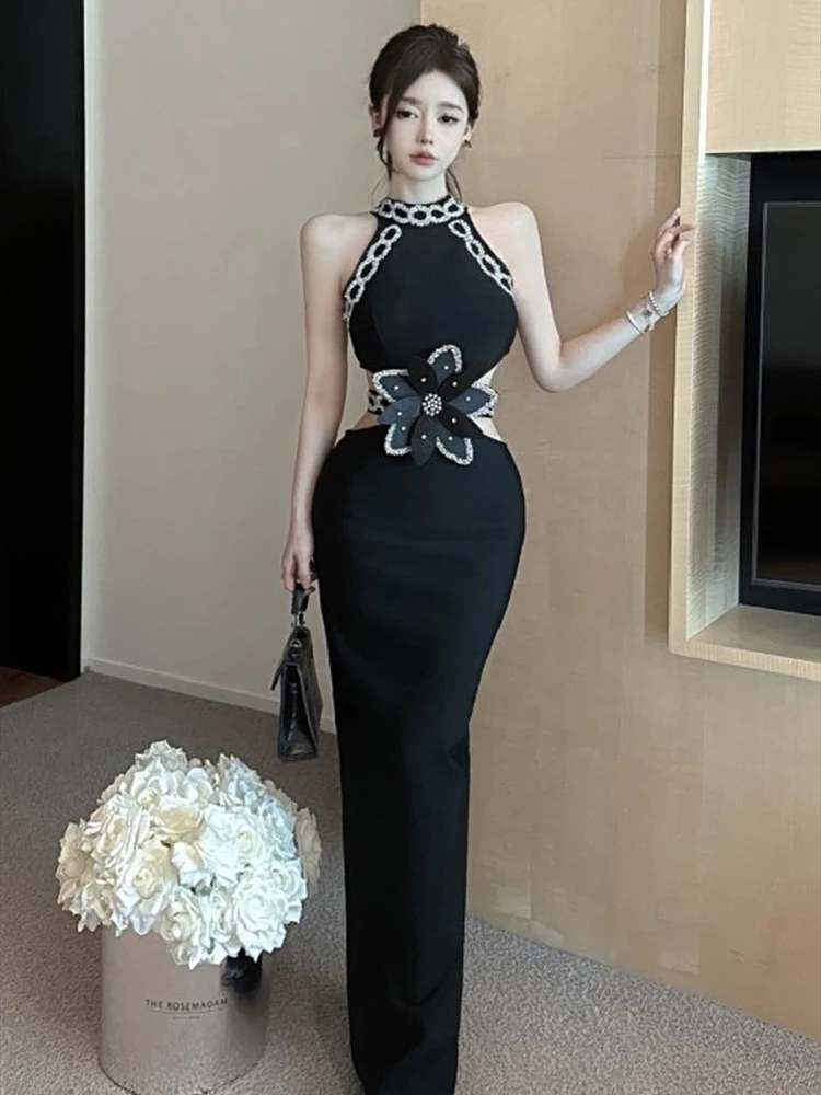 2024 Summer Elegant Temperament Sleeveless Off Shoulder Nail Drill Tight Dress Women Cinching Waist Slim Long Dress