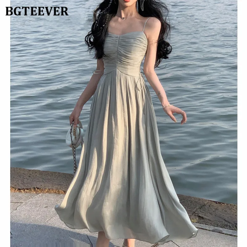 

BGTEEVER Spring Summer Sleeveless Spaghetti Strap Women Dress Elegant Slim Waist Female A-line Dress Ladies Vestidos