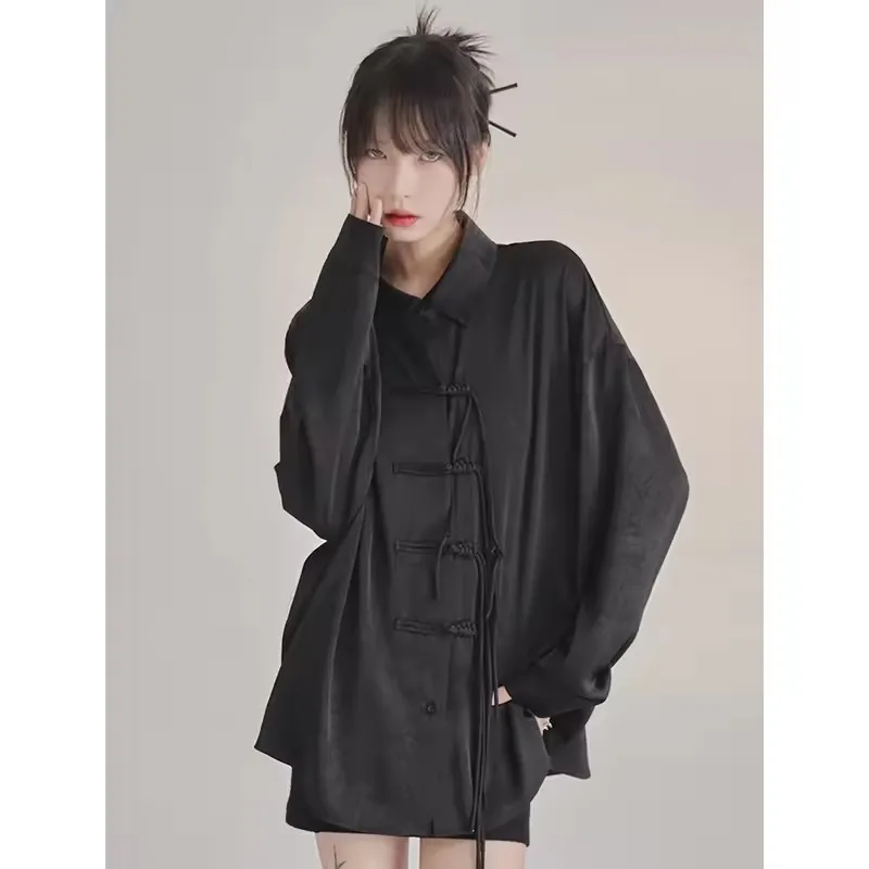 Elegance Black Blouses Baggy Lapel Collar Jacquard Shirt Vintage Lady Sweet Cross Bandage Single Breasted Tops Streetwear