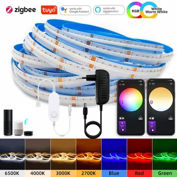 Hohe Dichte Flexible COB RGBCCT Band Zigbee 3,0 Tuya Smart Control DC24V 6Pin 840led/m Led Streifen Licht für Alexa Smartthings