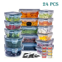 24pcs Kitchen Storage Container Set - Dishwasher Safe, Reusable Plastic Bins with Flip Lids for Fruits, Vegetables & Meats - Inc