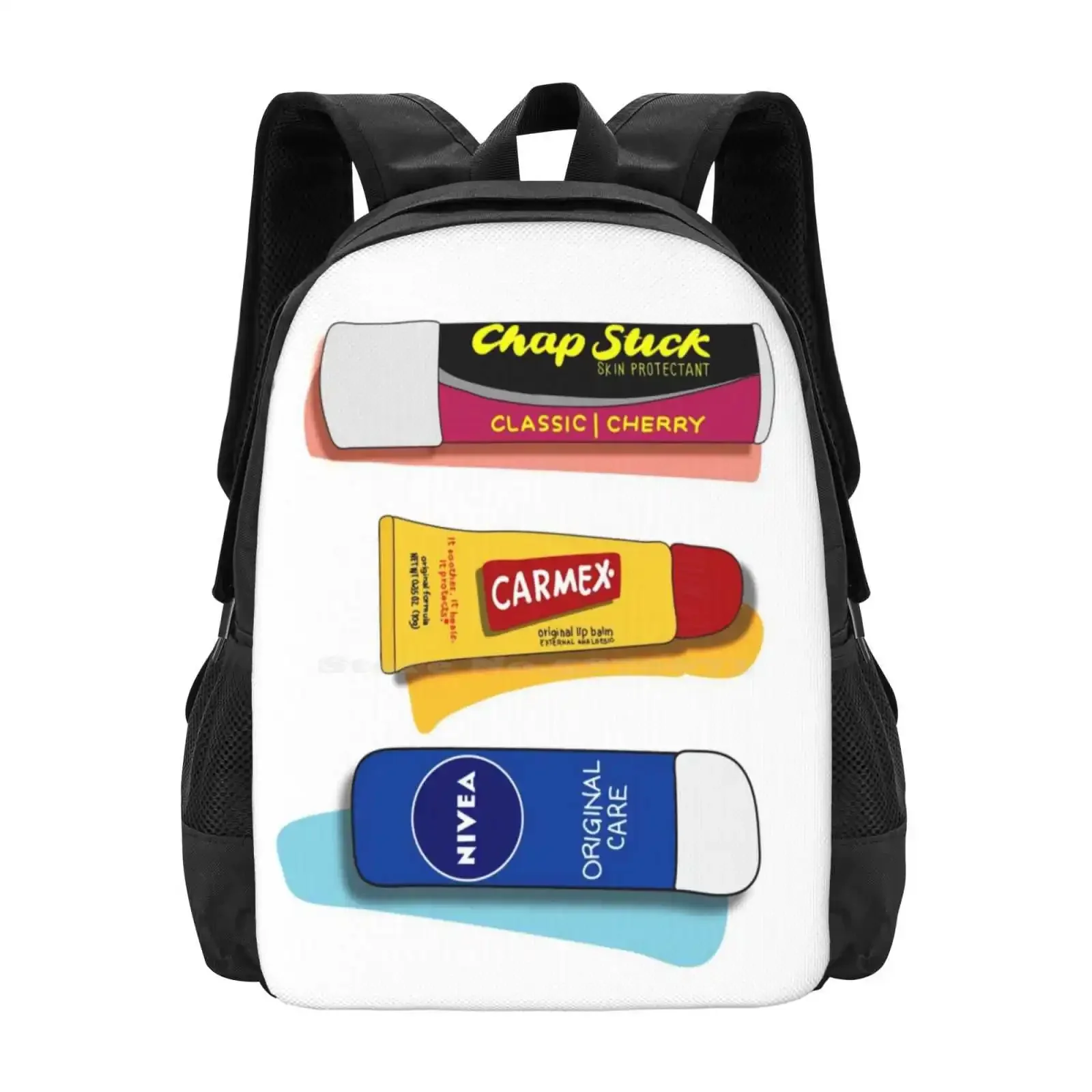 

Make Up And Lip Balms Hot Sale Schoolbag Backpack Fashion Bags Make Up Lip Balm Pop Art Cute Chapstick Beauty Replica Vector