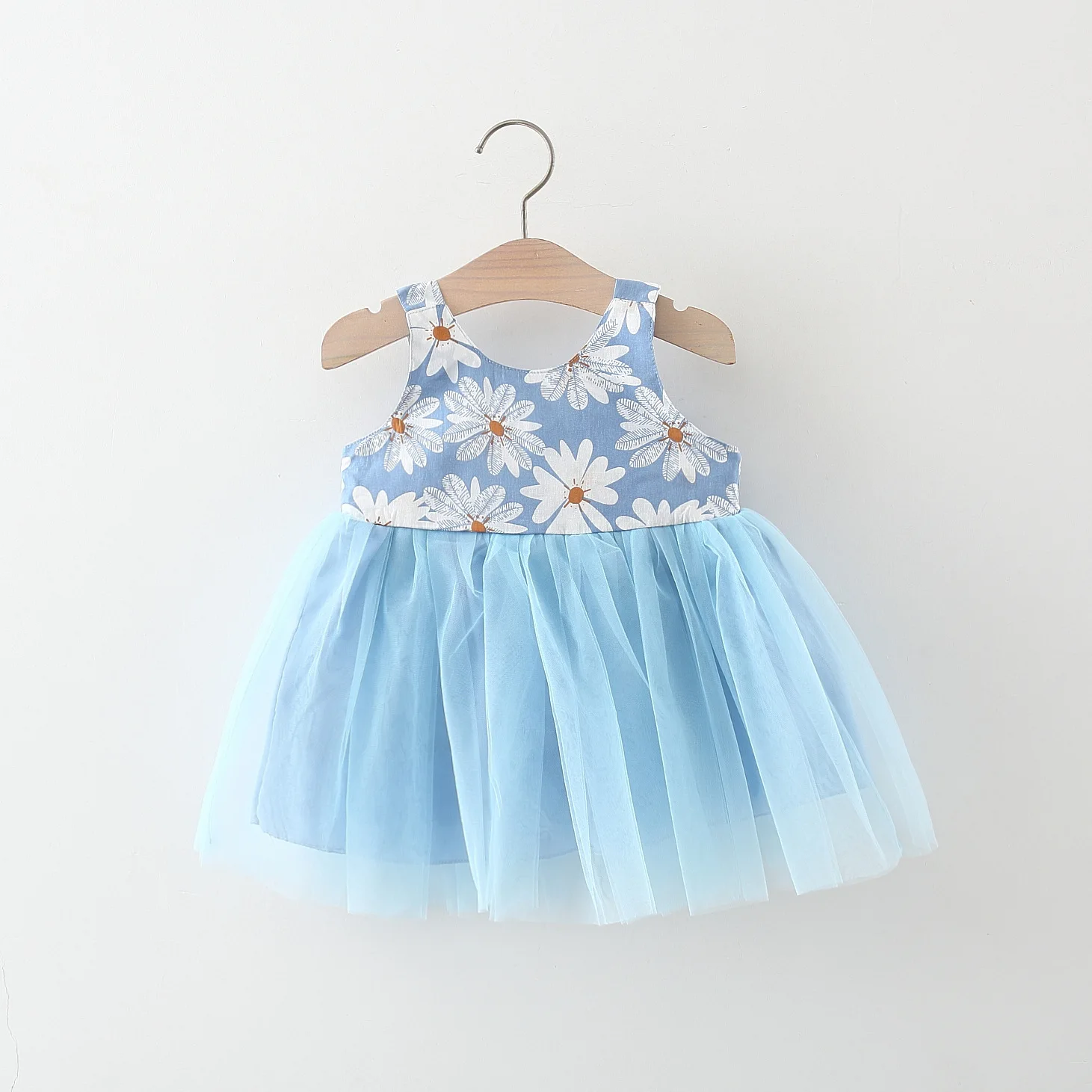 Summer girl baby dress newborn baby chrysanthemum print splicing mesh large bow sleeveless princess dress