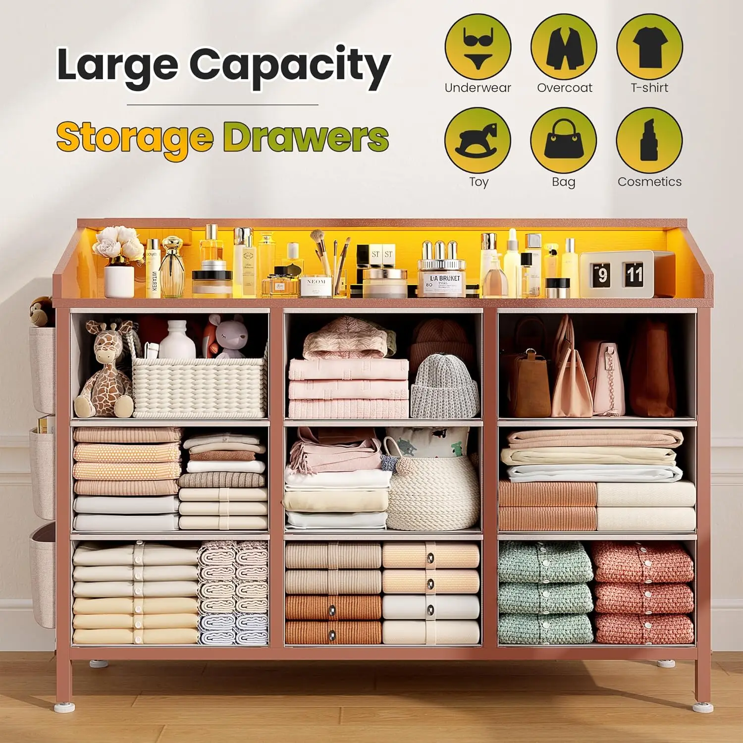 para quarto com 9 gavetas - cômoda para quarto com luz LED e estação de carregamento - cômoda infantil e adulto