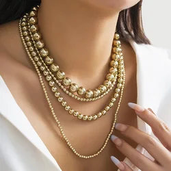 Vintage Gold Color Round Bead Size Beaded Collar Necklace Women 2023 Exaggerated Cyber Style Multi layered Men's Fashion Jewelry