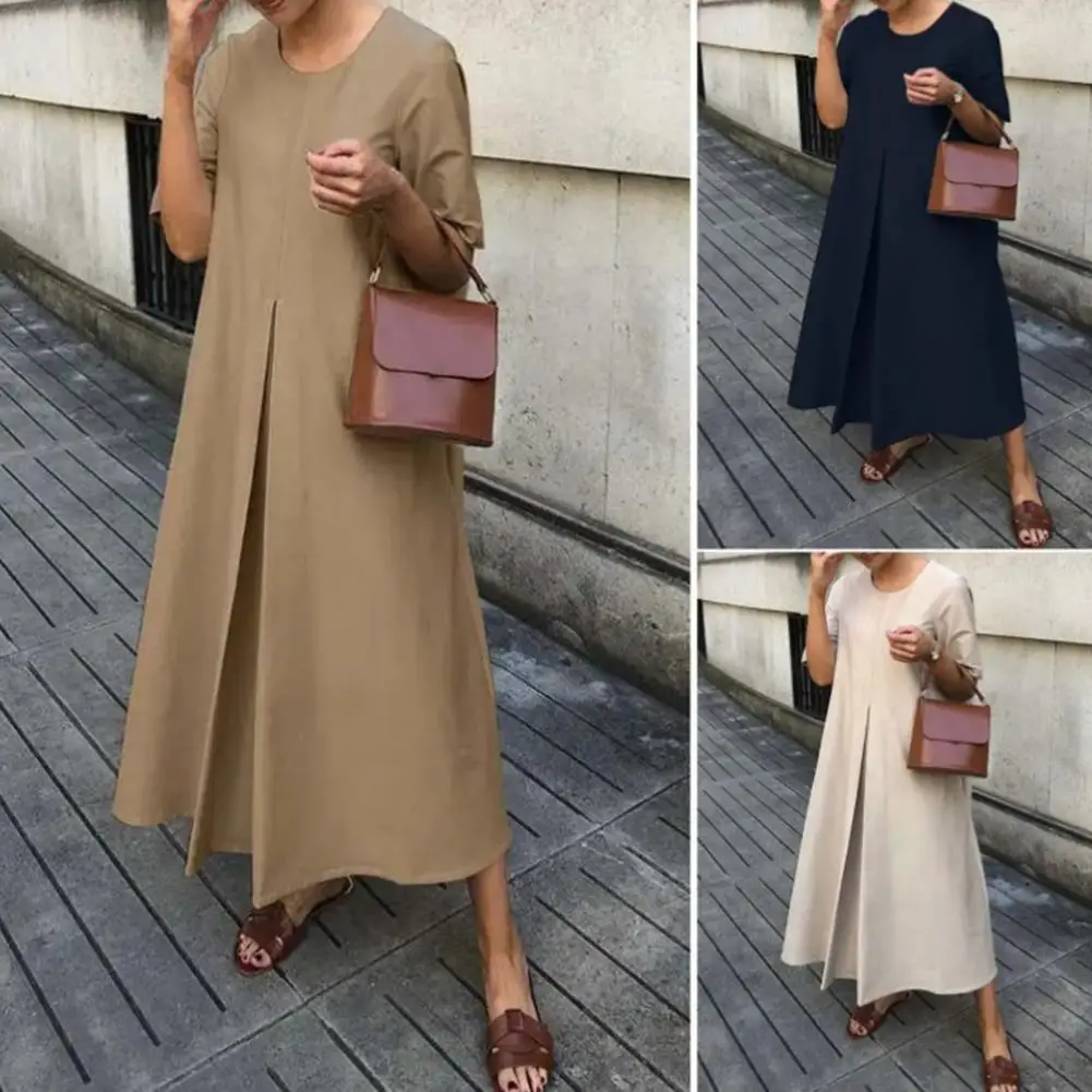 

Lightweight Dress Stylish A-line Midi Dress for Women O Neck Short Sleeves Solid Color Pullover Design Big Hem Loose for Dating