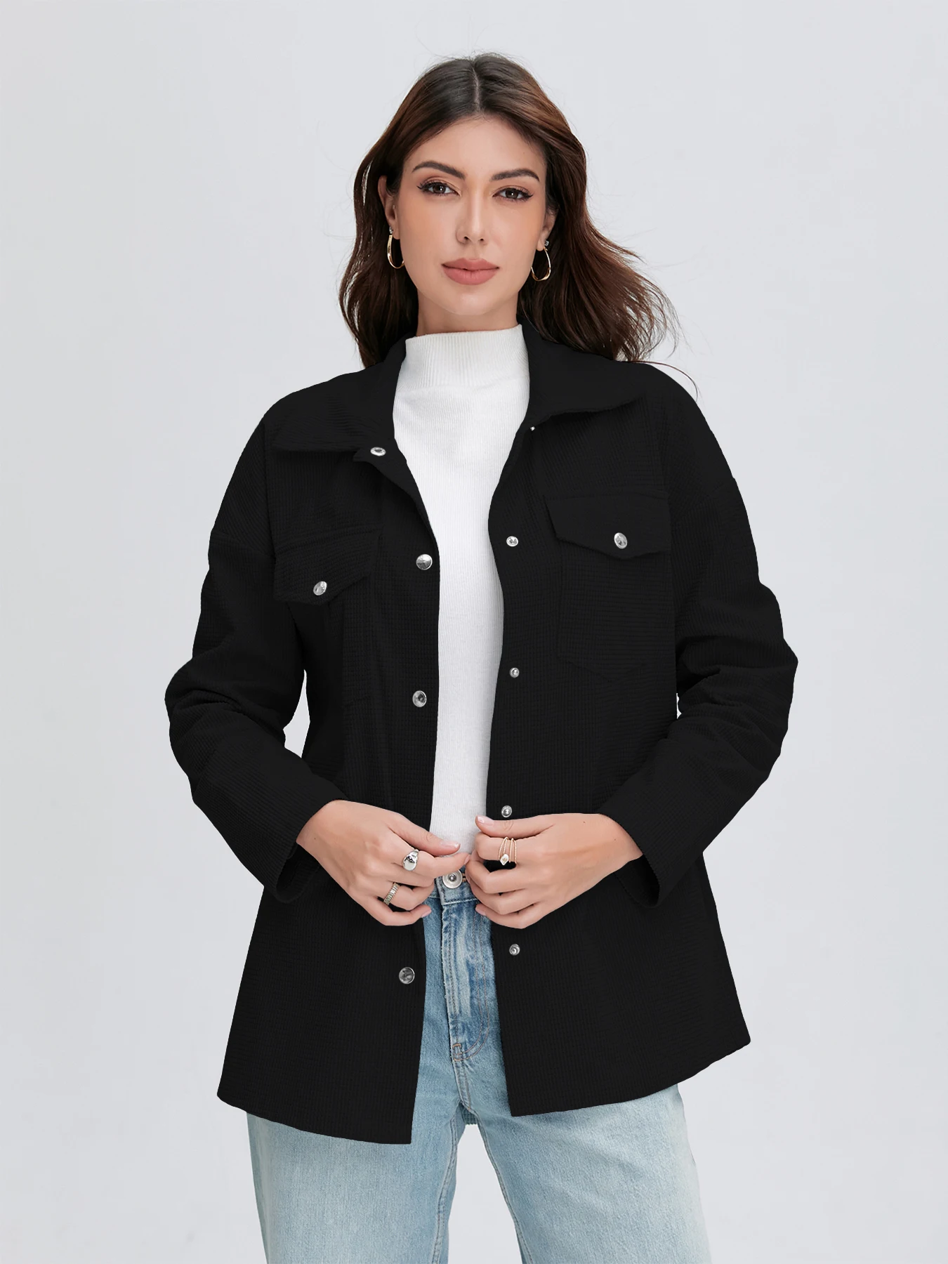 سترة نسائية قصيرة ذات لون نقي وياقة على شكل طية صدر وجيوب للخريف والشتاء، سترة أنيقة للارتداء اليومي في الهواء الطلق #4