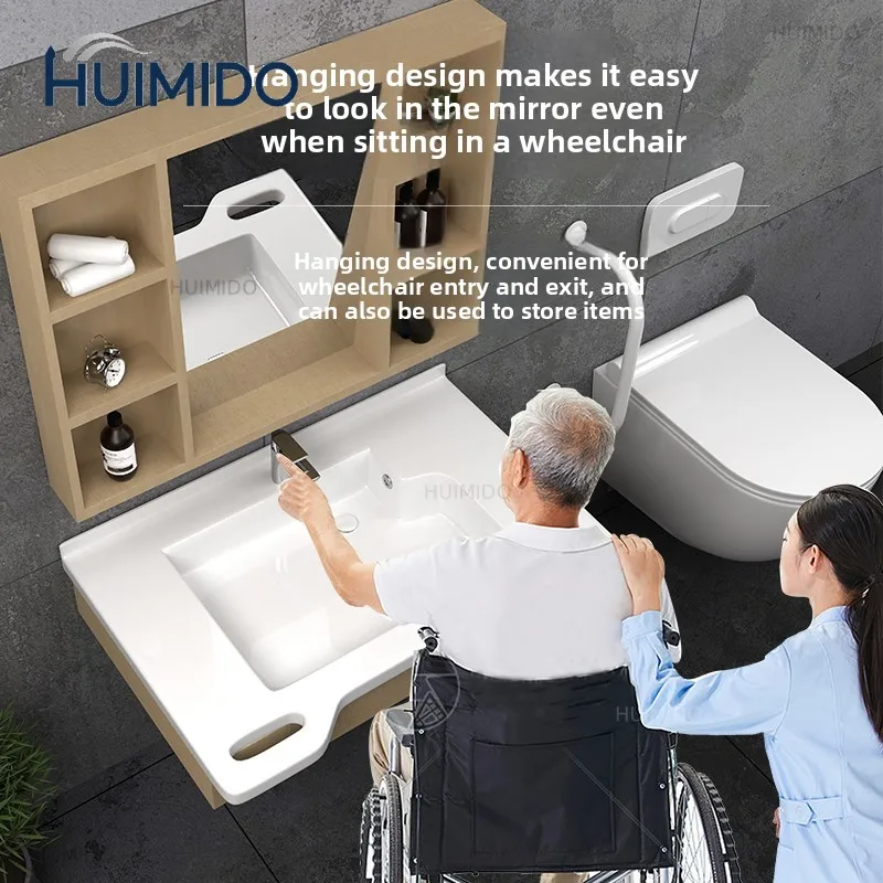 Nursing home senior-friendly washbasin with handrails, health basin, face sink, wheelchair for the elderly, disabled