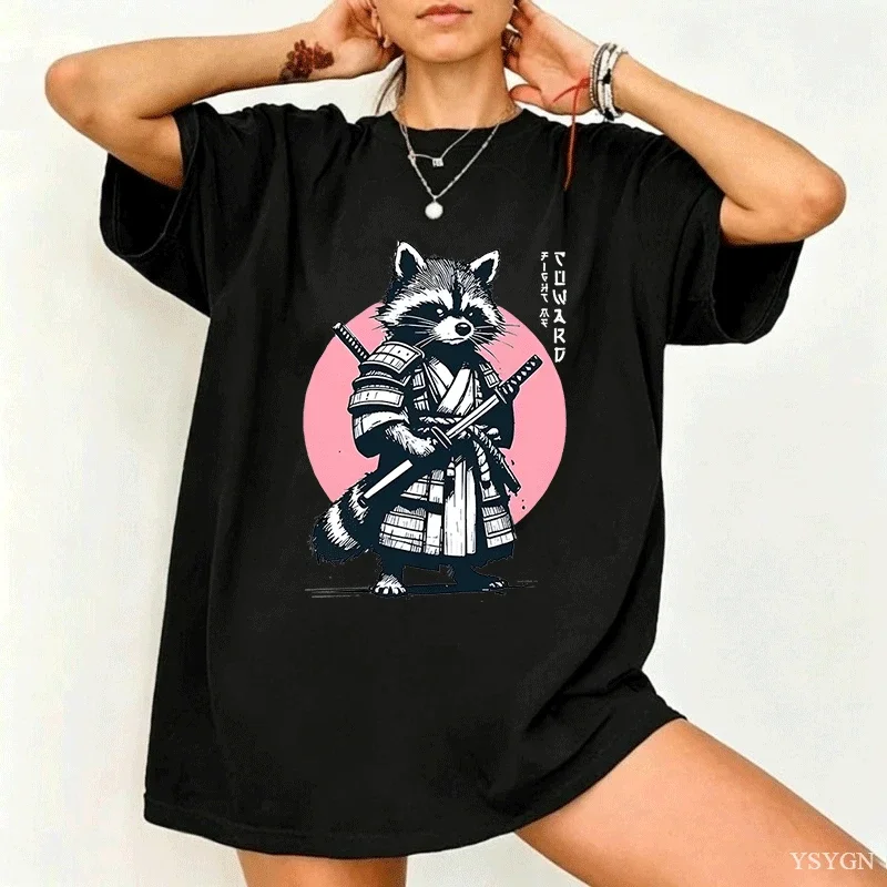 Fight Me Coward Vintage Samurai Raccoon T Shirt Japanese Cat Funny Graphic T-shirt Short Sleeve O Neck Tees Women Clothing Y2K