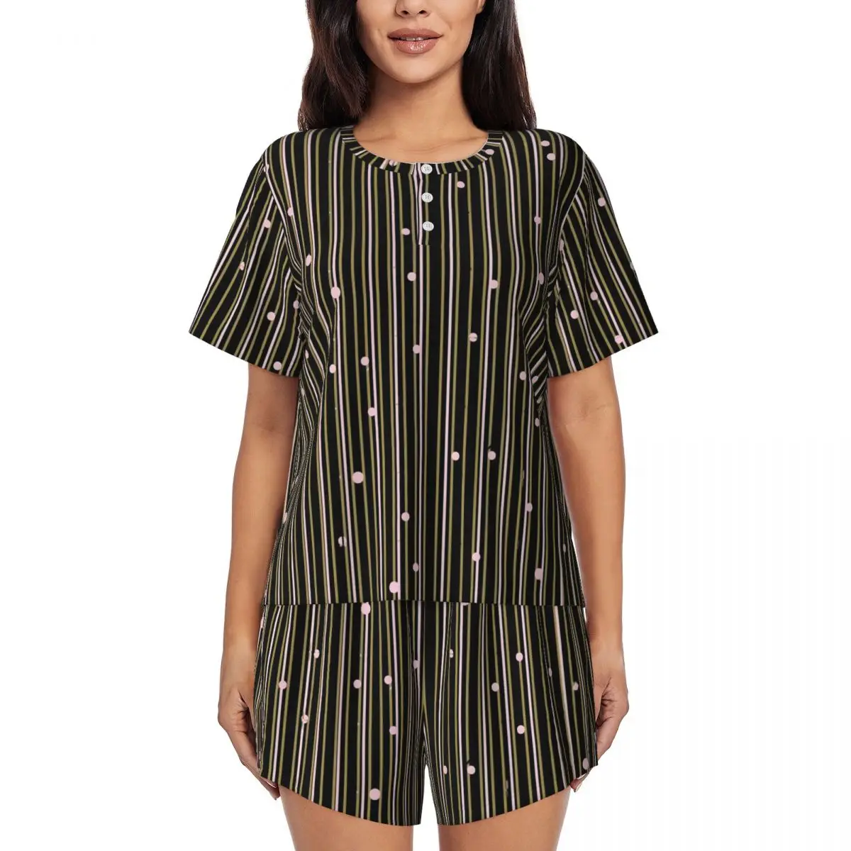 

Striped Polka Dot Pajamas Women Black Stripes Kawaii Nightwear Daily Short Sleeves Two Piece Sleep O Neck Design Pajama Sets