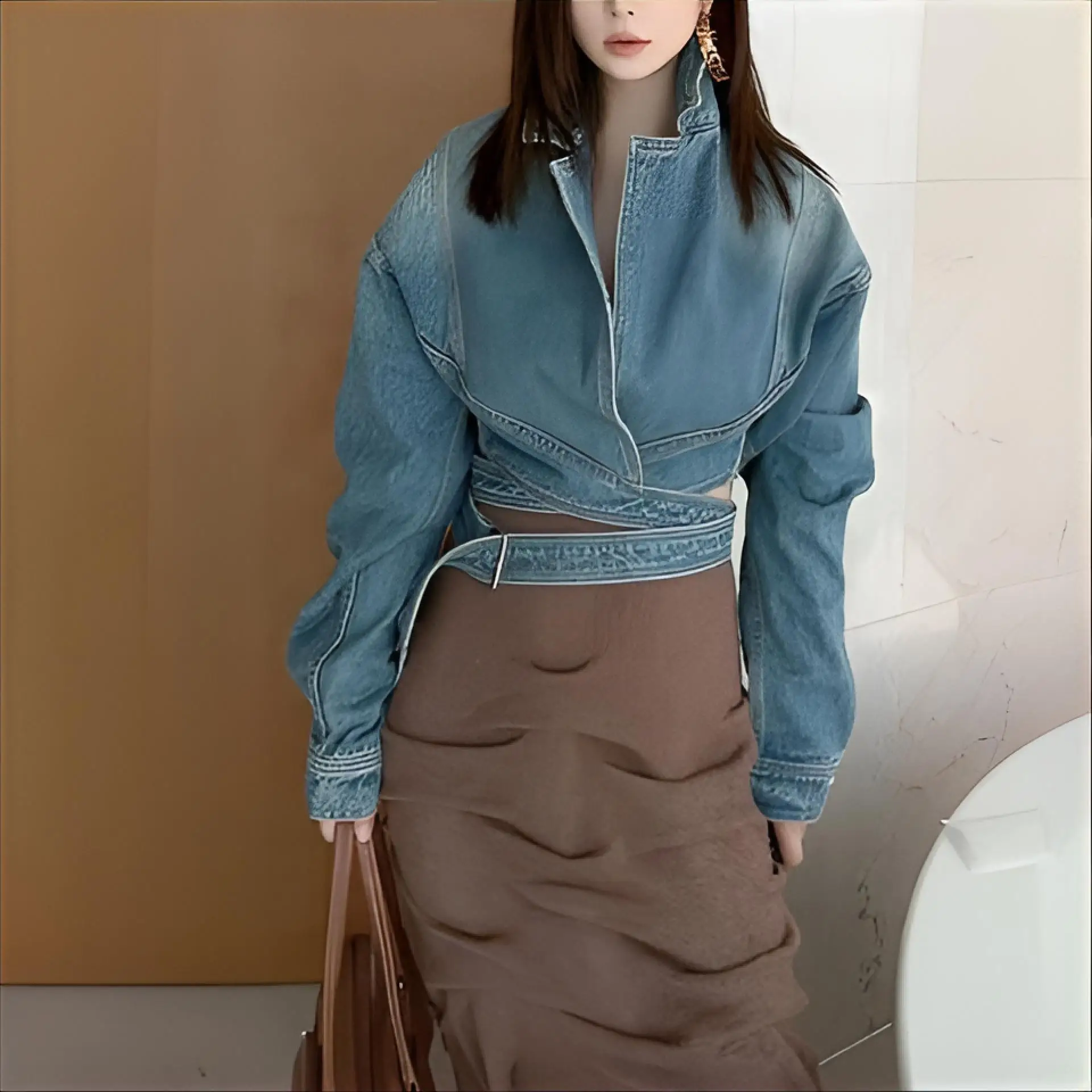 

Denim Coats Unisex Womens Fall Double-Breasted Appliques Oversized Slim-Fit Drawstring Pleated Young Utility Elastic Chic Jacket