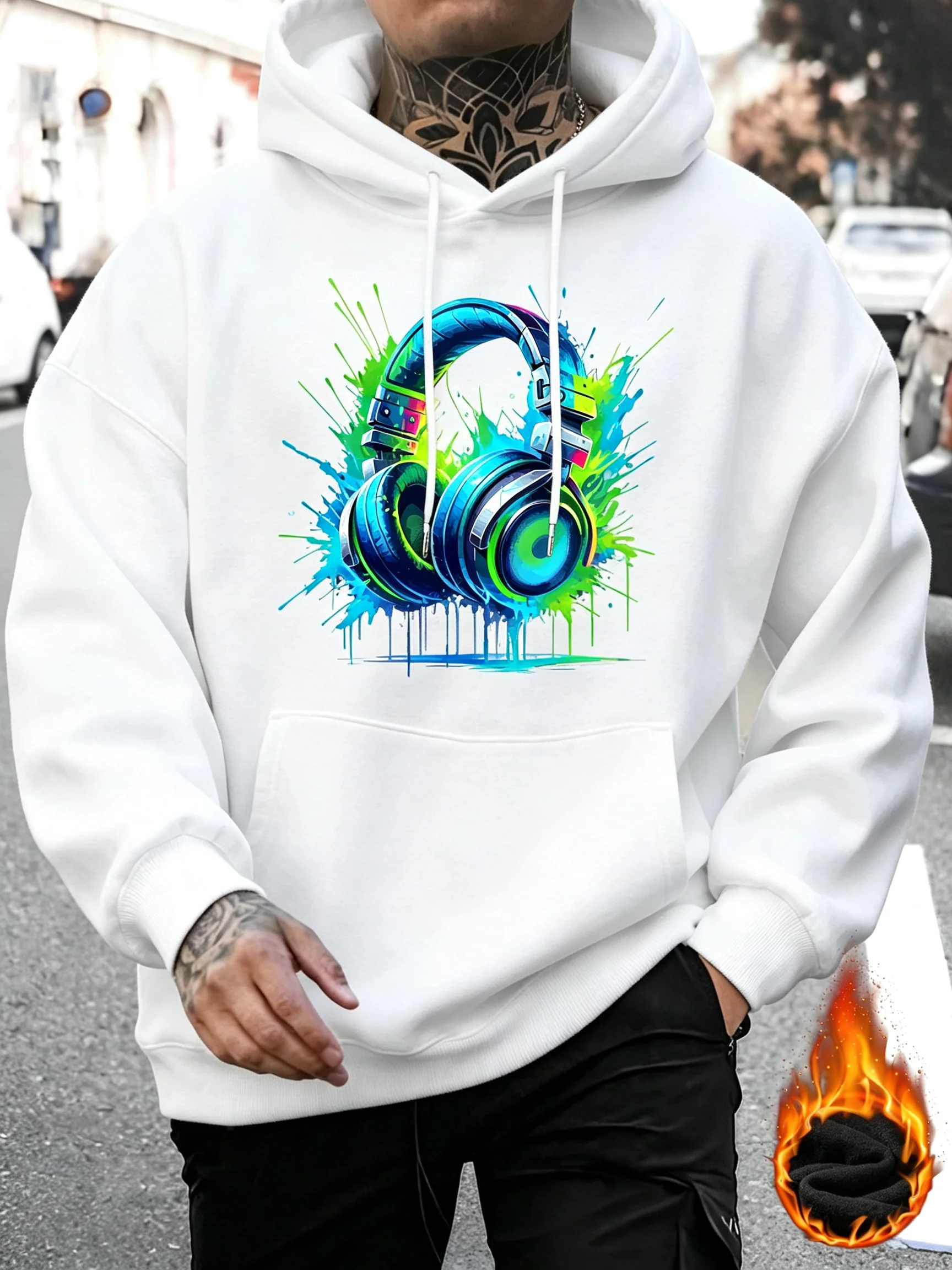 The new men's style features a cool headphone pattern print. It includes casual hoodie and a pullover for the autumn and winter