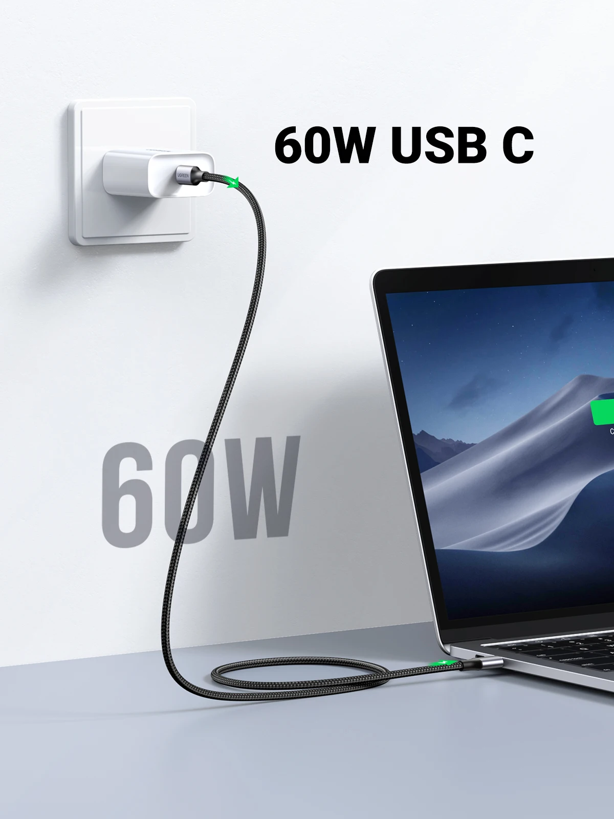 UGREEN-Cable USB tipo C para Macbook, iPad, Samsung, Xiaomi, PD, carga rápida 3A, 60W, 100W